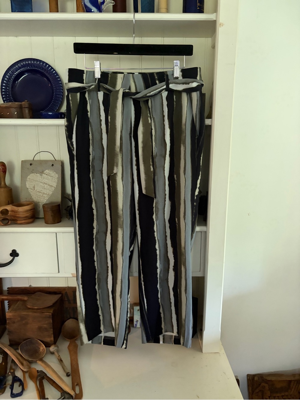 Cambio Striped Women’s Casual Tie-Waist Pants in Black, Gray & Olive